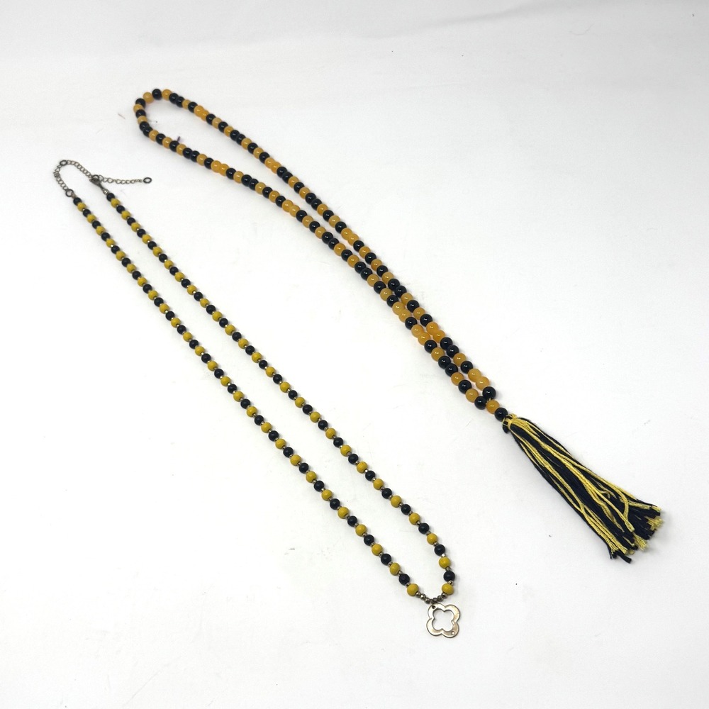 Boho Tassel Clover Beaded Necklaces Lot of 2 Yellow Black Wood Acrylic Women